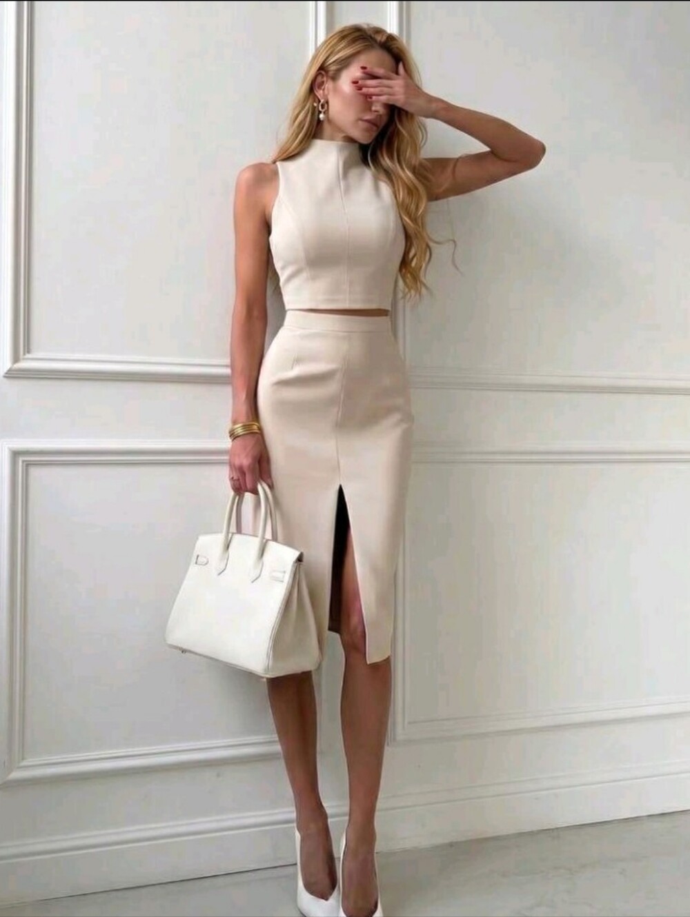 Elegant Minimalist Sleeveless Crew Neck Crop Top And Mid-Length Skirt Two Pieces
